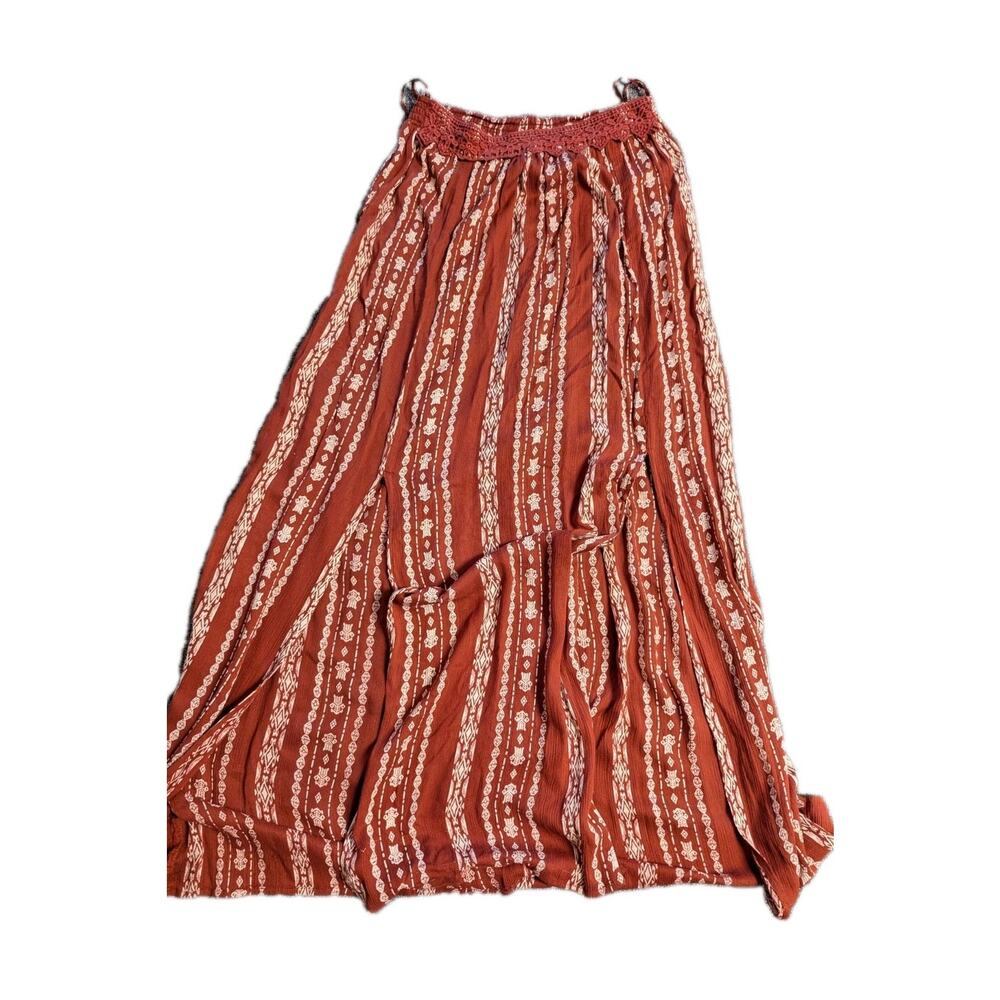 Blue Rain Rust Ethnic Tribal Print Front Double Slit Maxi Skirt Size Medium